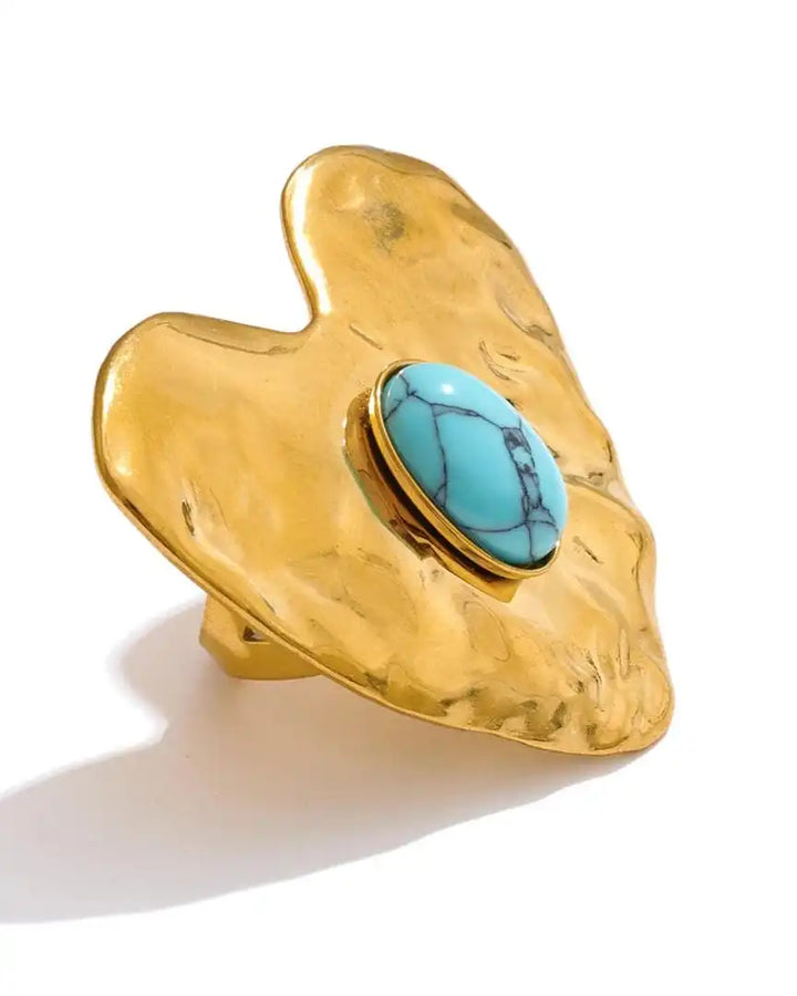 Retro Gold Inlaid Turquoise Heart Jewelry Set: Earrings, Ring & Bracelet