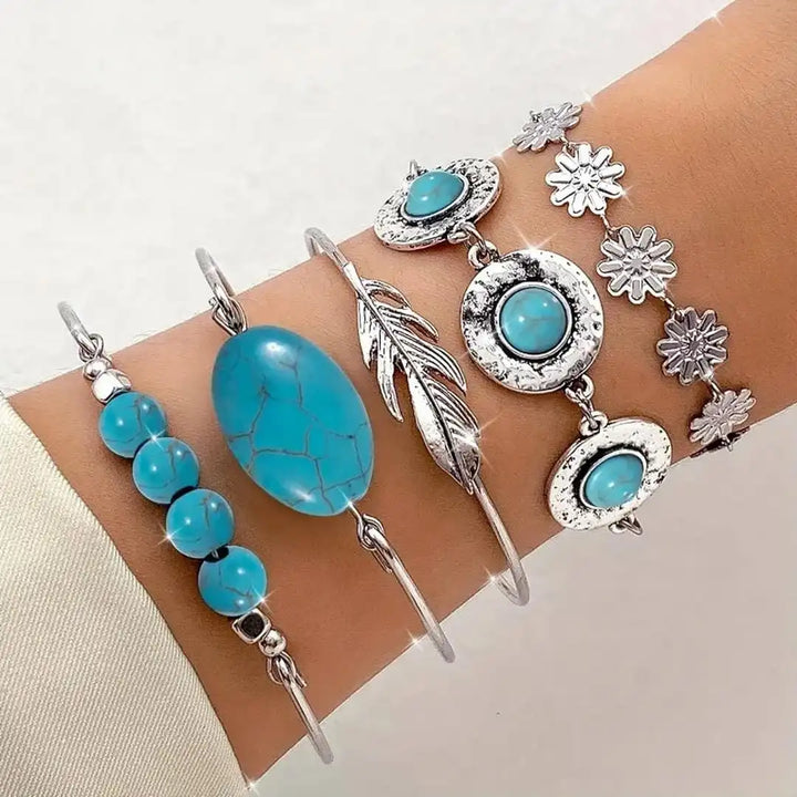 Antique Silver Turquoise Flower Bracelet Collection