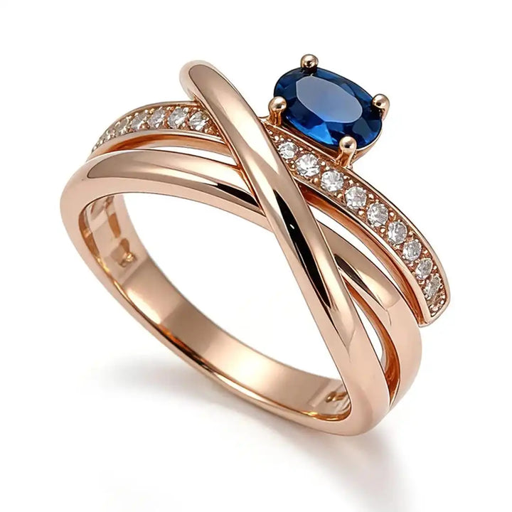 Antique Rose Gold Cross Ring with Blue Cubic Zirconia