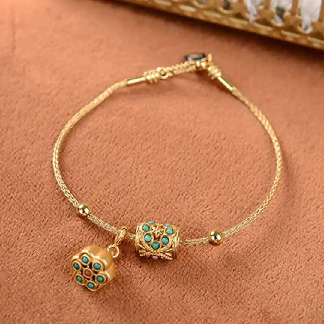 Vintage Gold Turquoise Lotus Cuff Bracelet