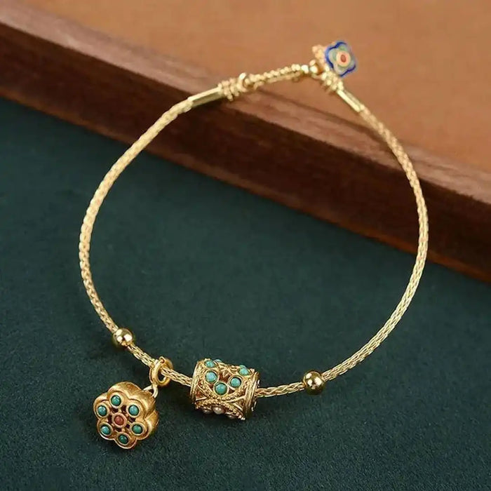 Vintage Gold Turquoise Lotus Cuff Bracelet