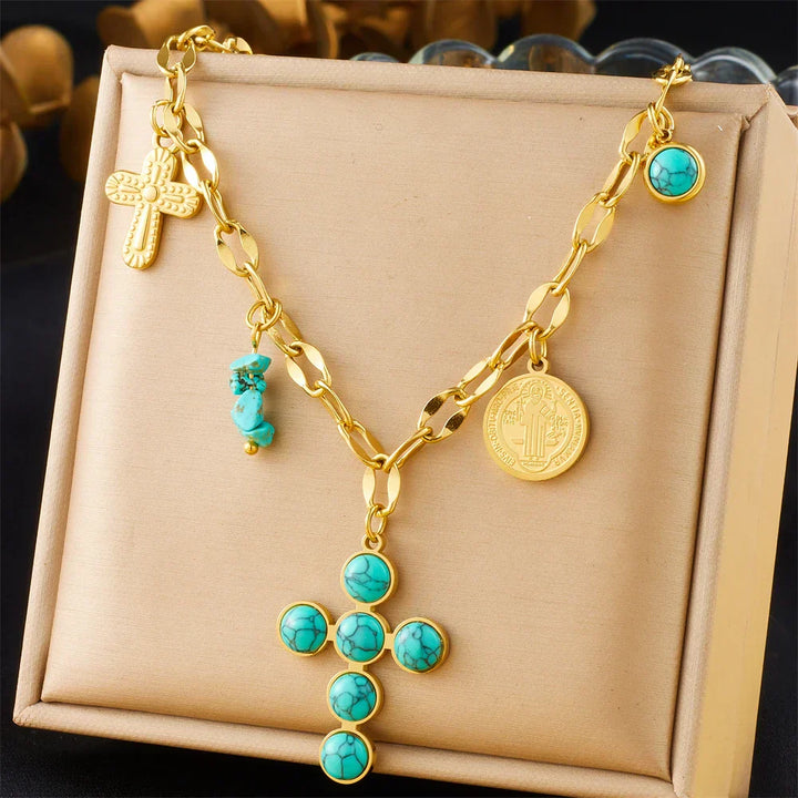 Unique Turquoise Cross Pendant Necklace