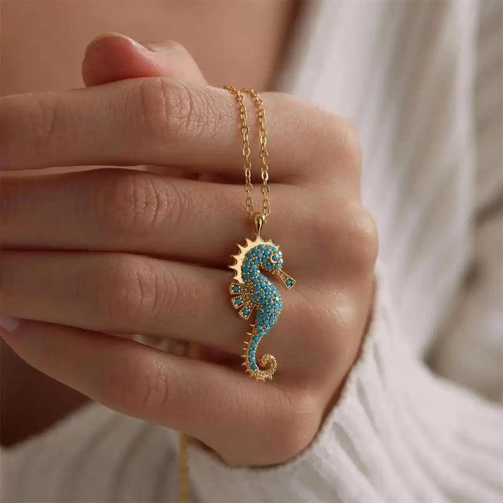 Turquoise Pendant Necklace with Gold Seahorse Charm