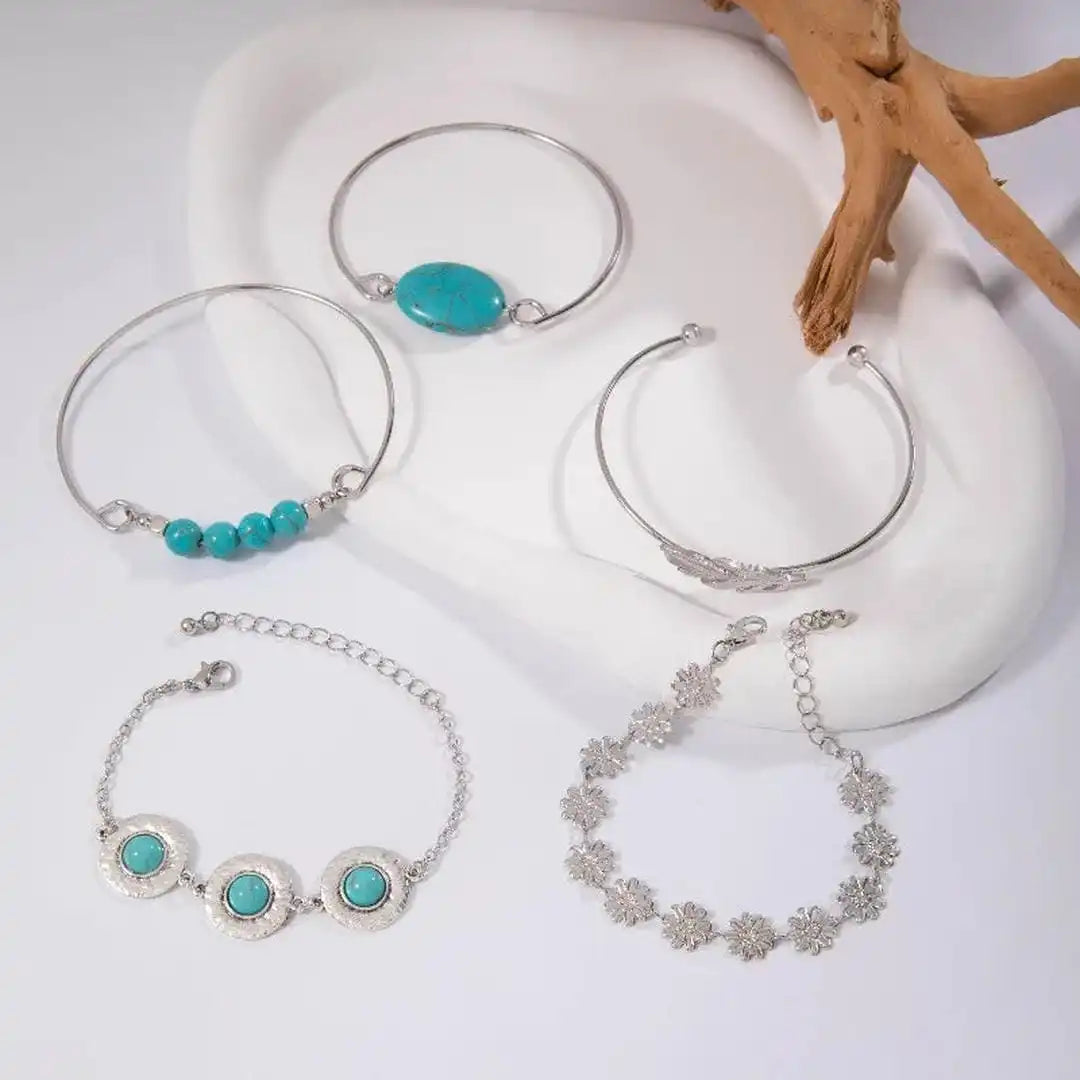 Antique Silver Turquoise Blossom Bracelet Collection