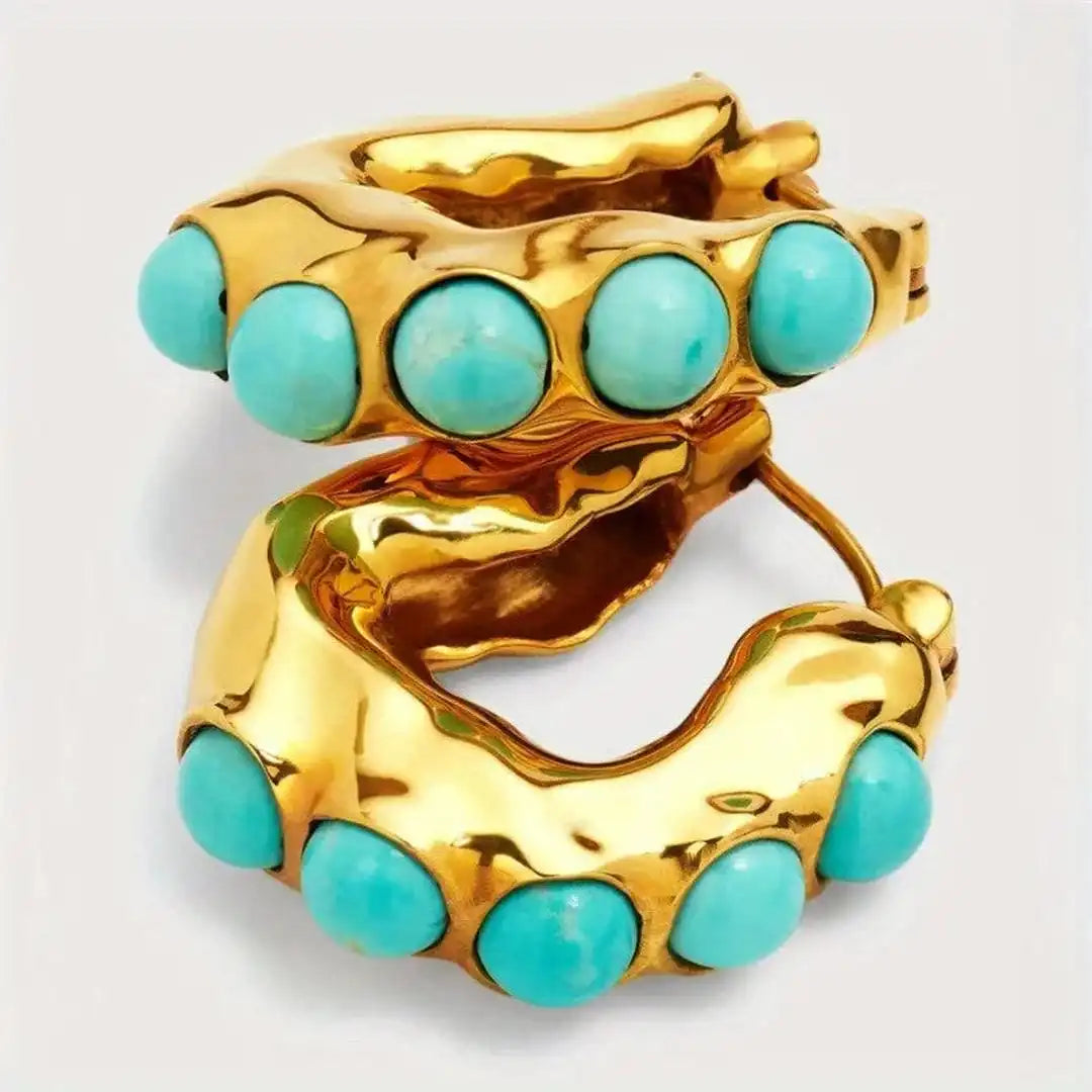 Striking Turquoise Stone Carved Hoop Earrings