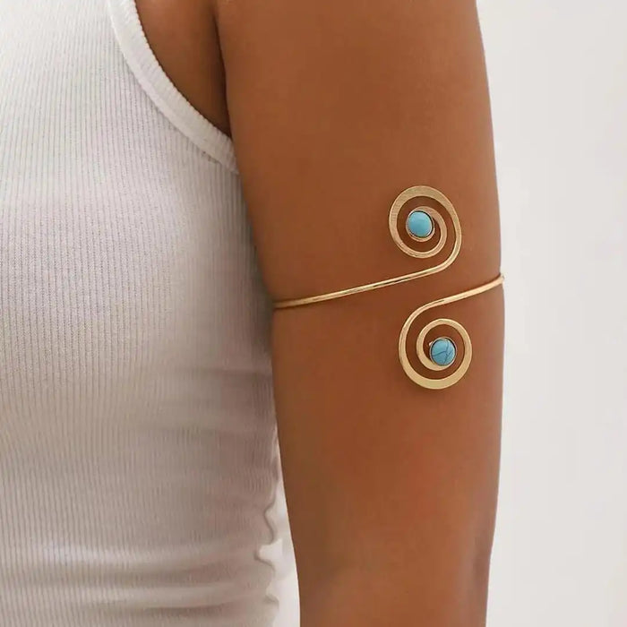 Turquoise Crescent Moon Silver Arm Cuff Bracelet in Bohemian Style