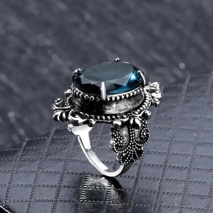 Antique Silver Oval Blue Zircon Ring