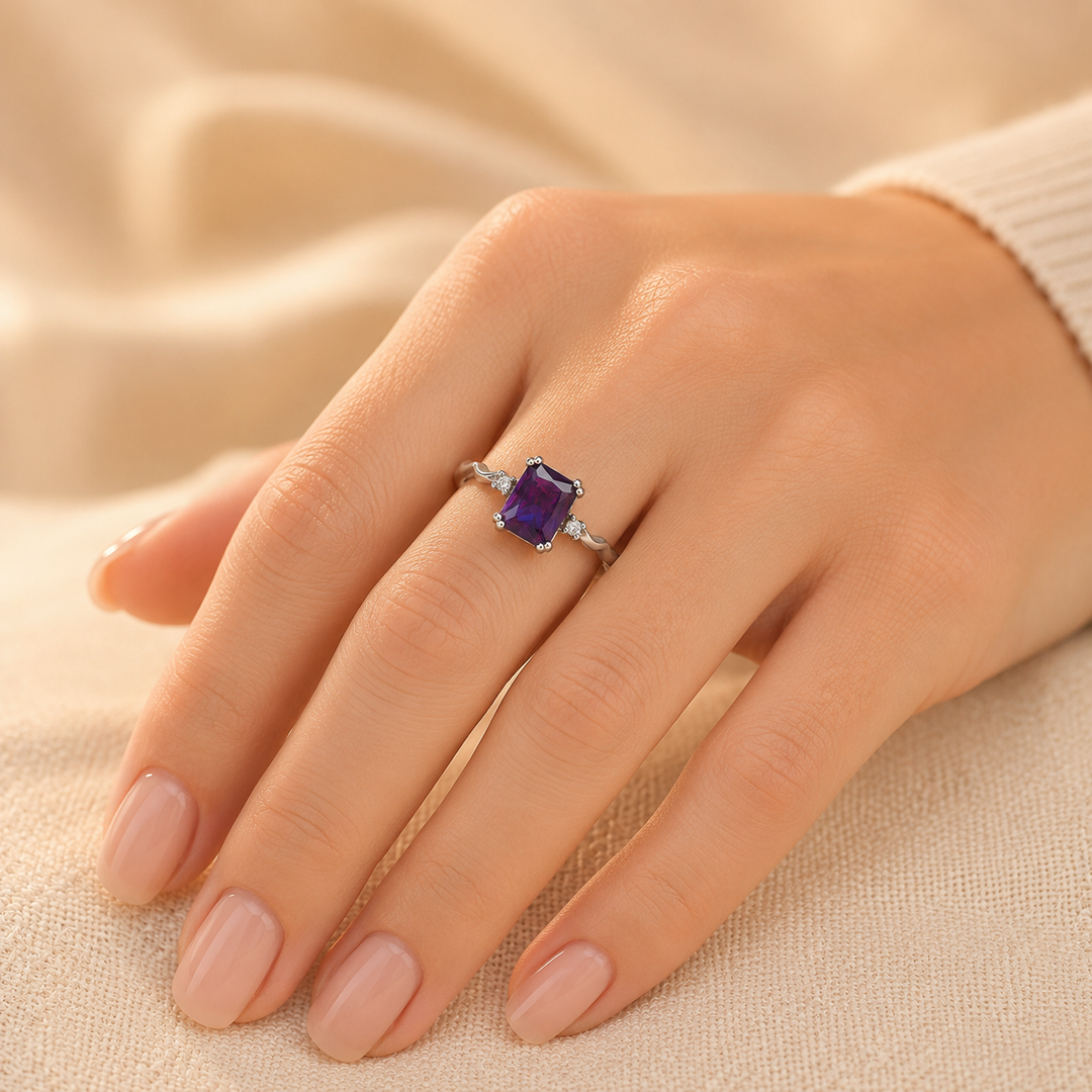 Silver Ring with Amethyst and Emerald Cut Design
