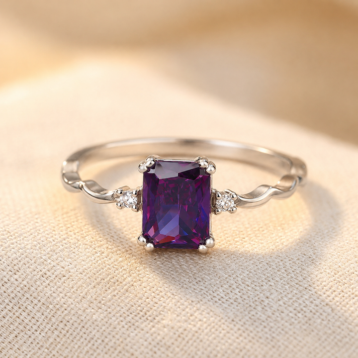 Emerald Cut Amethyst Silver Ring with Elegant Design