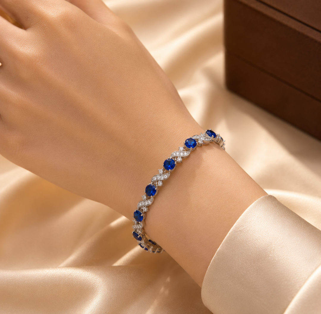 Silver Sapphire Flower Chain Bracelet