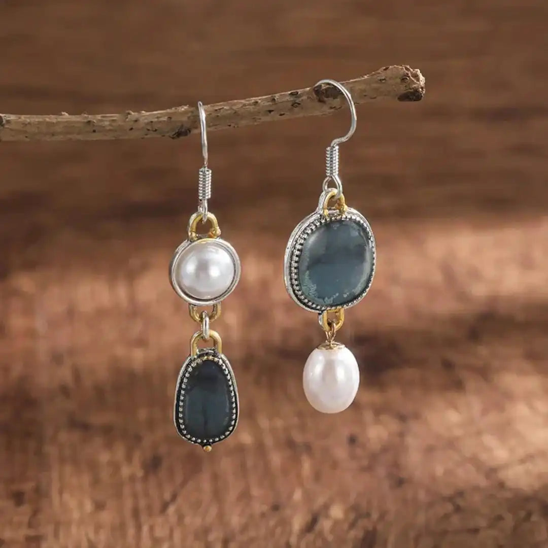 Retro Blue Gem Pearl Earrings