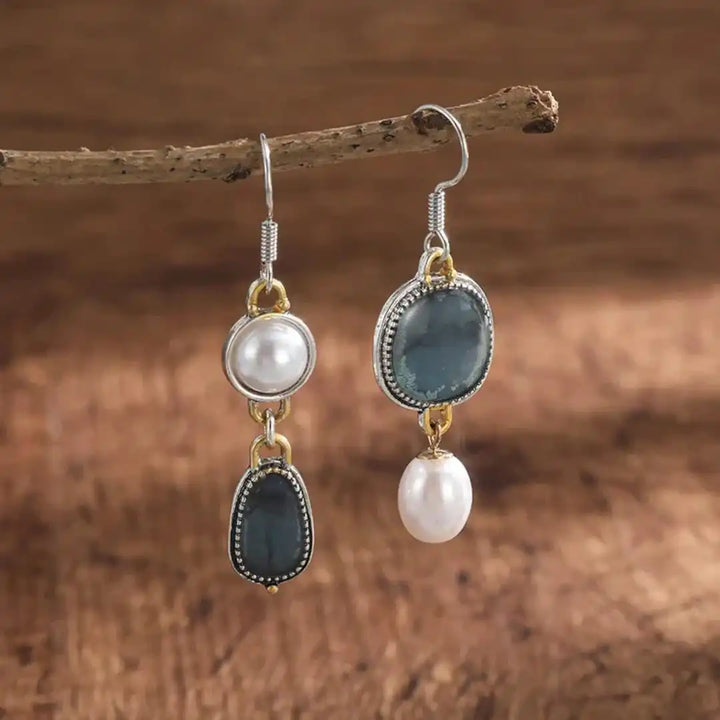 Retro Blue Gem Pearl Earrings