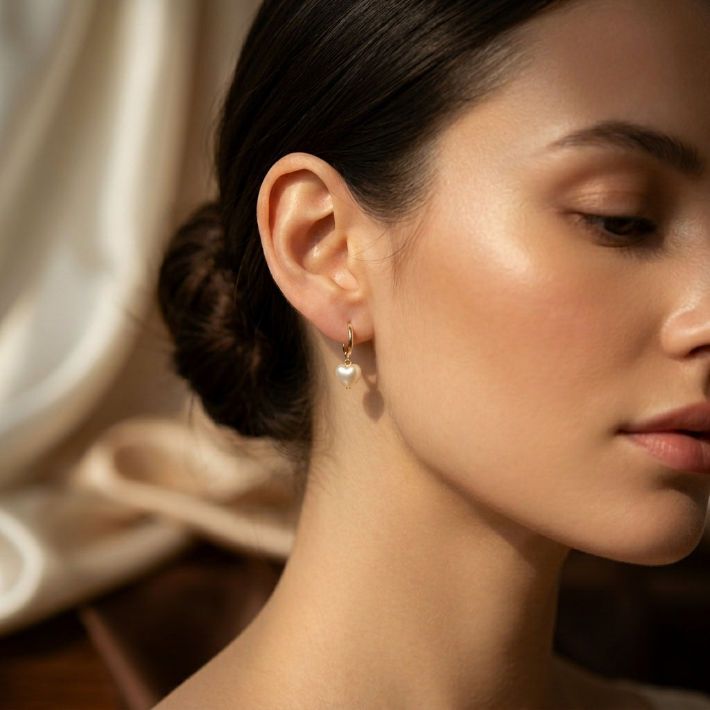 Heart-Shaped Golden Pearl Drop Earrings