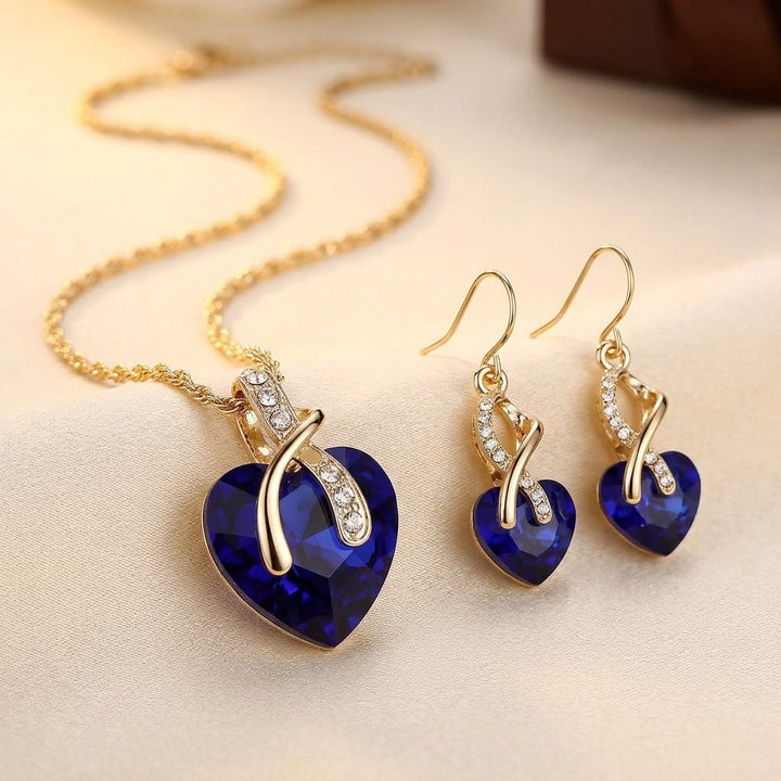 Gold Sapphire Heart Jewelry Set with Necklace and Earrings