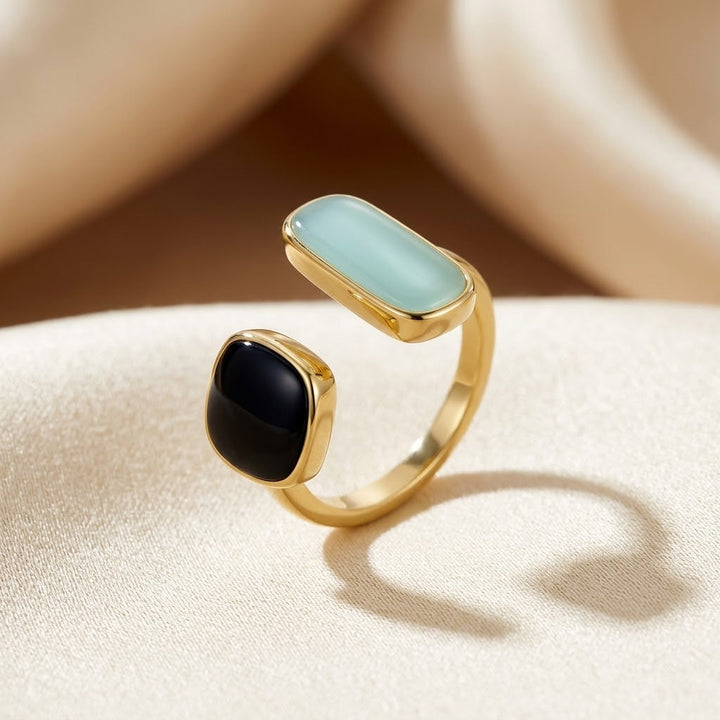 Adjustable Gold Ring Featuring Double Stone Design