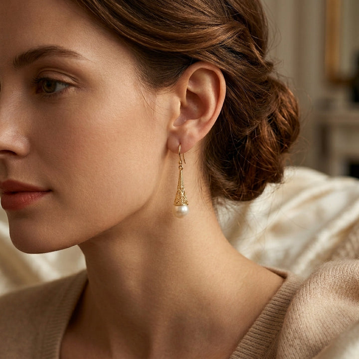 Pearl Drop Earrings with Elegant Gold Filigree Design