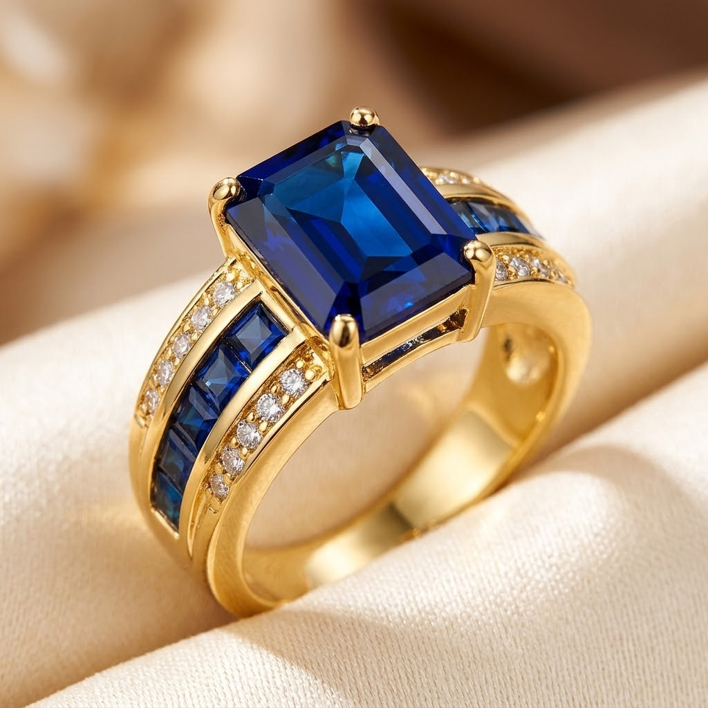 Square-Cut Gold Ring with Sapphire