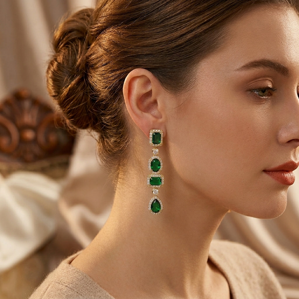 Gold and Emerald Assorted Shape Dangle Earrings