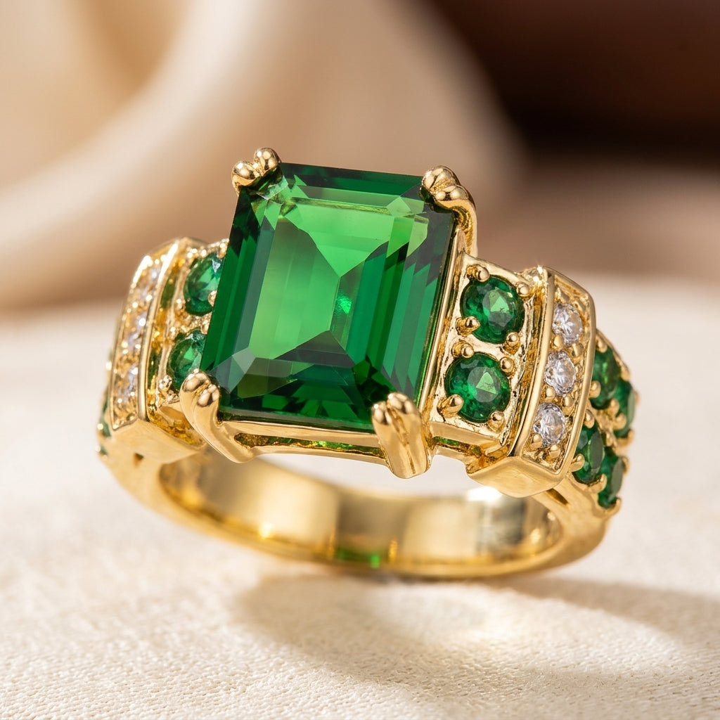 Emerald and Gold Geometric Ring