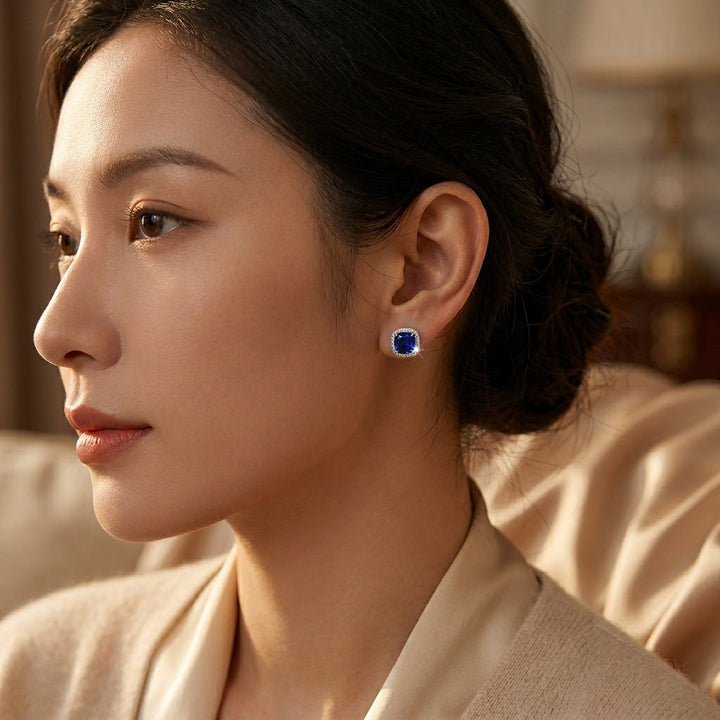Sapphire Halo Stud Earrings in Silver