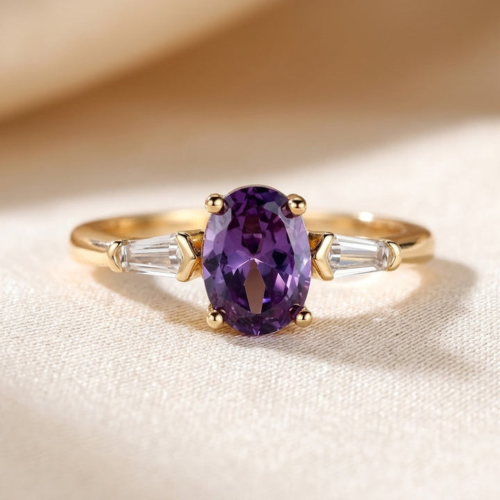 Tri-Stone Gold Ring with Amethyst