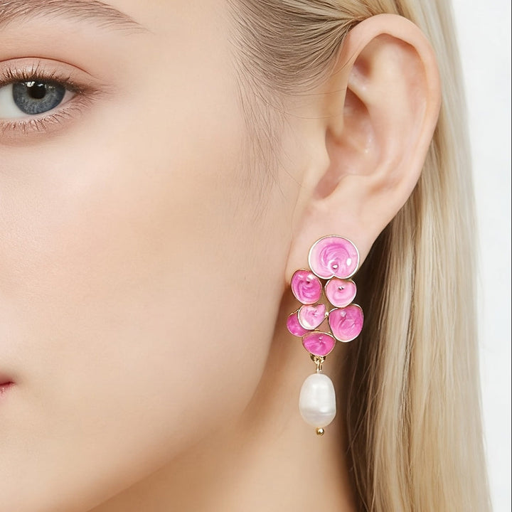 Pearl-Accented Enamel Floral Earrings