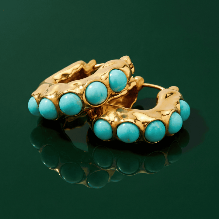 Striking Turquoise Stone Carved Hoop Earrings