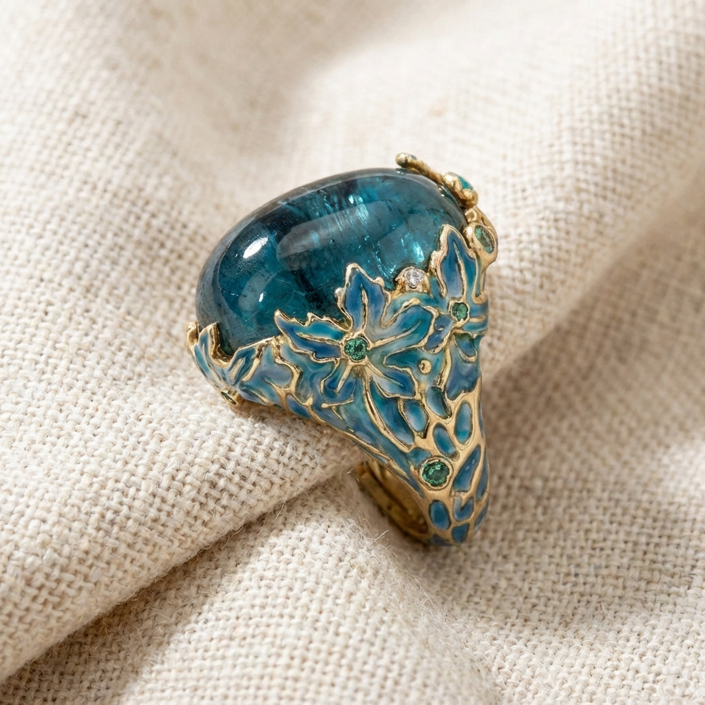 Chic Gold Floral Ring with Blue Gemstone