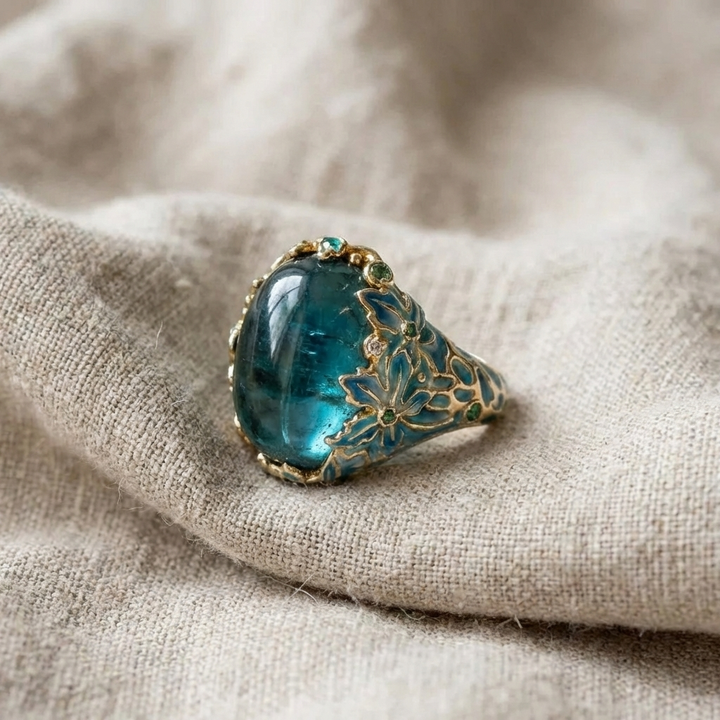 Sophisticated Gold Floral Ring with Blue Gemstone