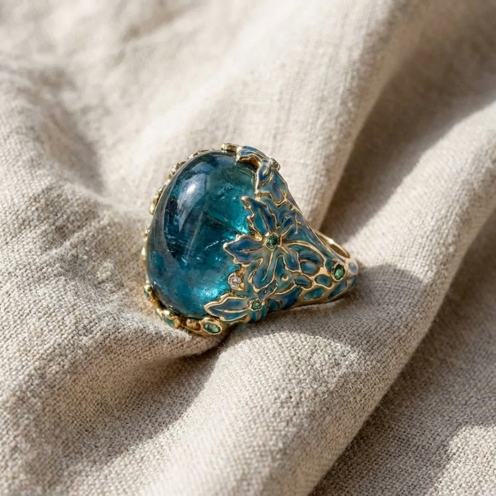 Chic Gold Floral Ring with Blue Gemstone
