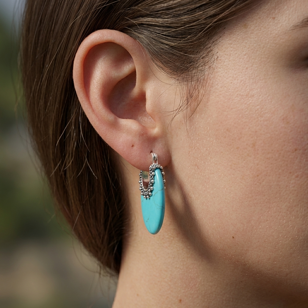 Turquoise Stone Hoop Earrings in Silver