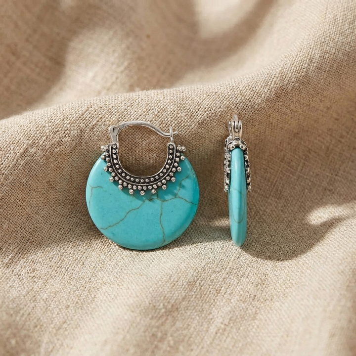 Turquoise Stone Hoop Earrings in Silver