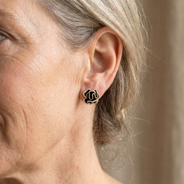 Sophisticated Gold Lotus Earrings in Elegant Black