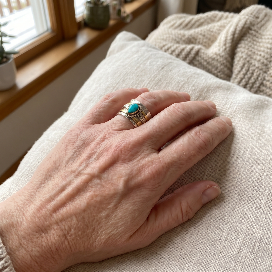 Vintage Turquoise Inlay Gold and Silver Ring