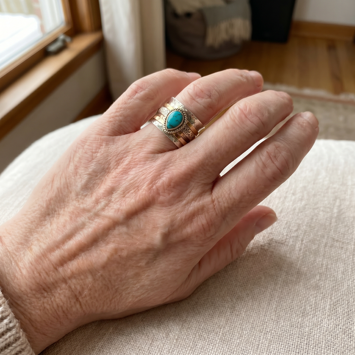 Vintage Turquoise Inlay Gold and Silver Ring