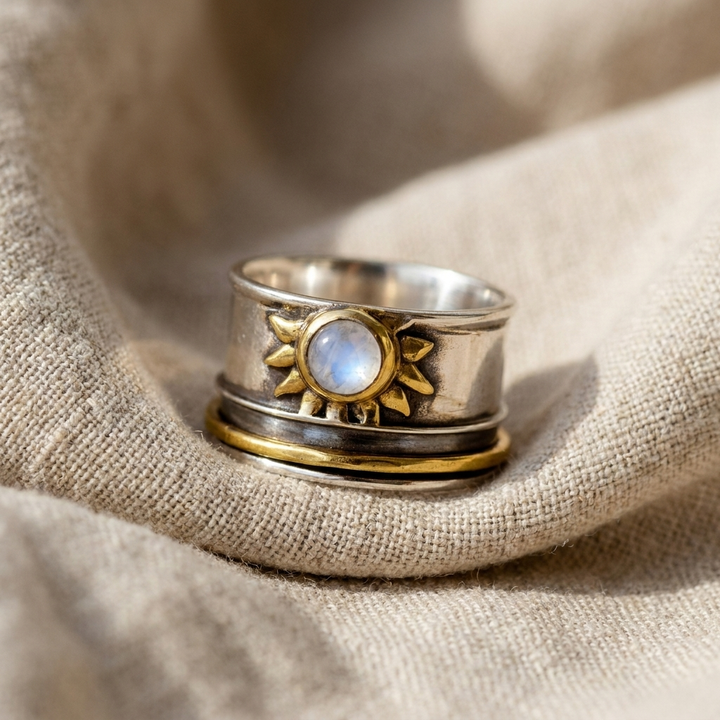 Dual-Tone Sun Moonstone Ring Featuring a Broad Silver and Gold Band
