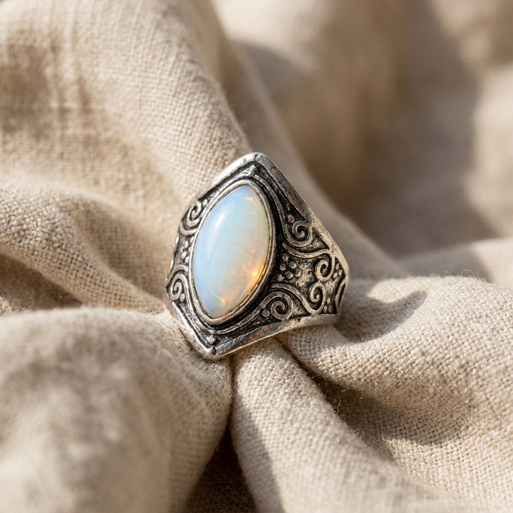 Antique-Inspired Teardrop Moonstone Ring Featuring an Intricate Silver Band