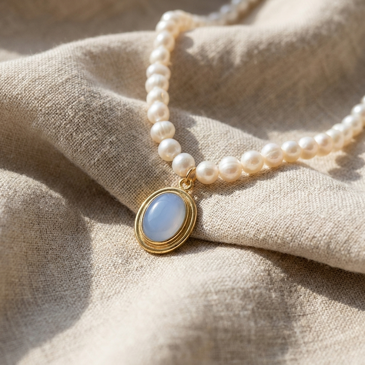 Moonstone Pendant Necklace with Pearl Accents