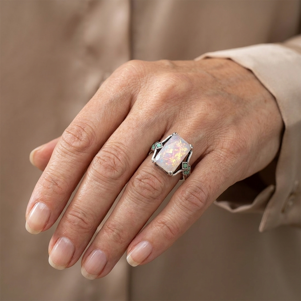 Antique Silver Ring with White Opal