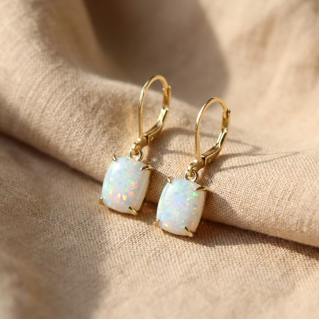 Vintage-Inspired Square White Opal Earrings