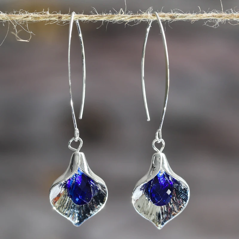 Blue Stone-Studded Silver Earrings