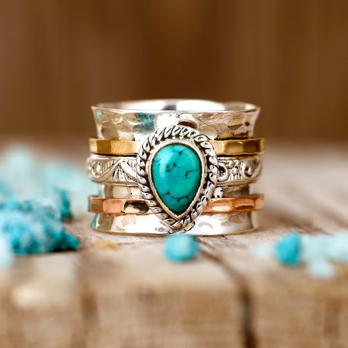 Vintage Turquoise Inlaid Gold and Silver Ring