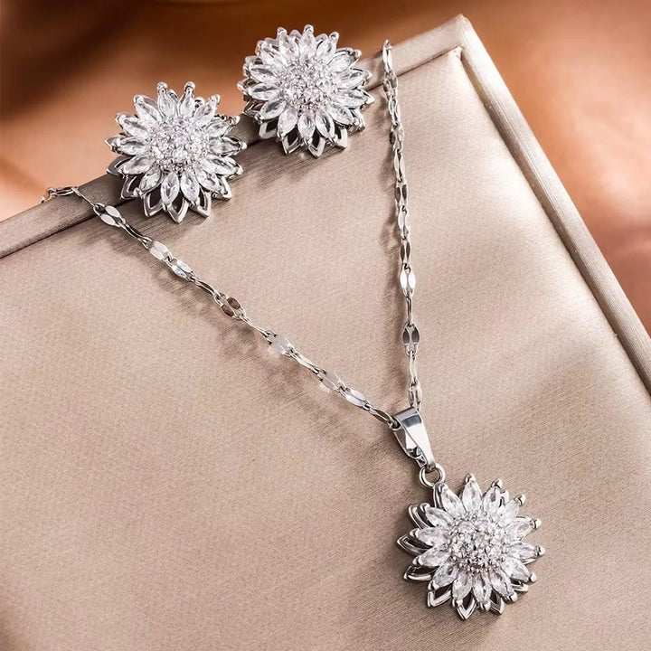 Chic Silver Sunflower Zircon Jewelry Set: Necklace and Earrings