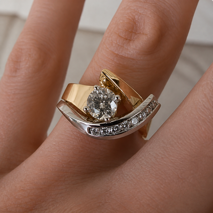 Retro Asymmetrical Gold and Silver Zirconia Ring