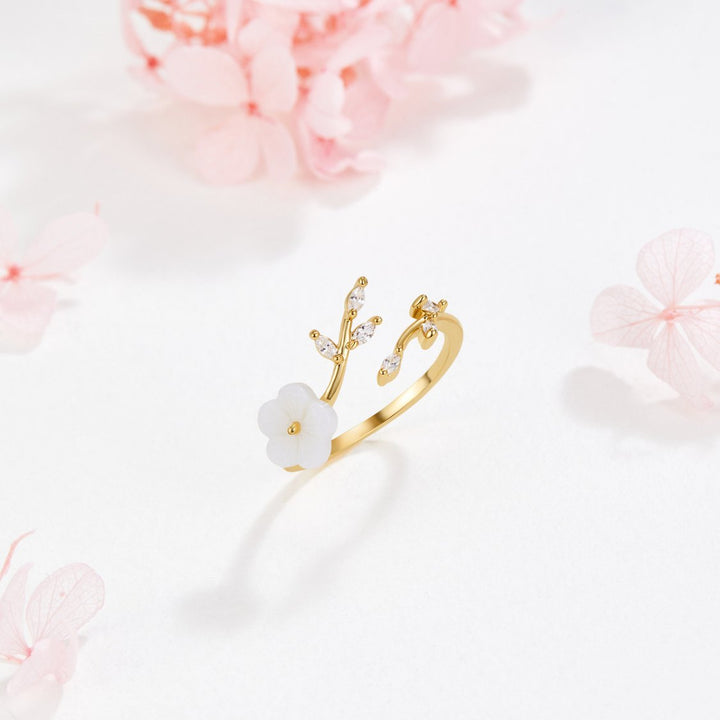 Gold Leaf and Flower Open Ring